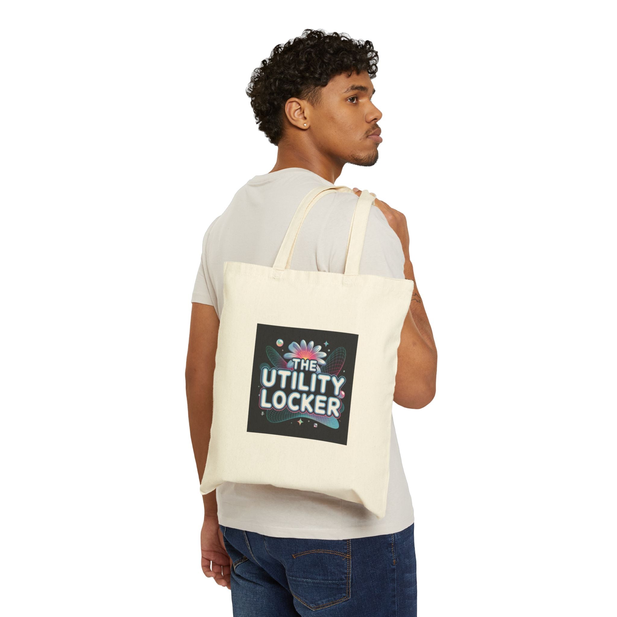 Cyber Holo Logo Tote, Y2K fashion canvas, chrome text retro tech print