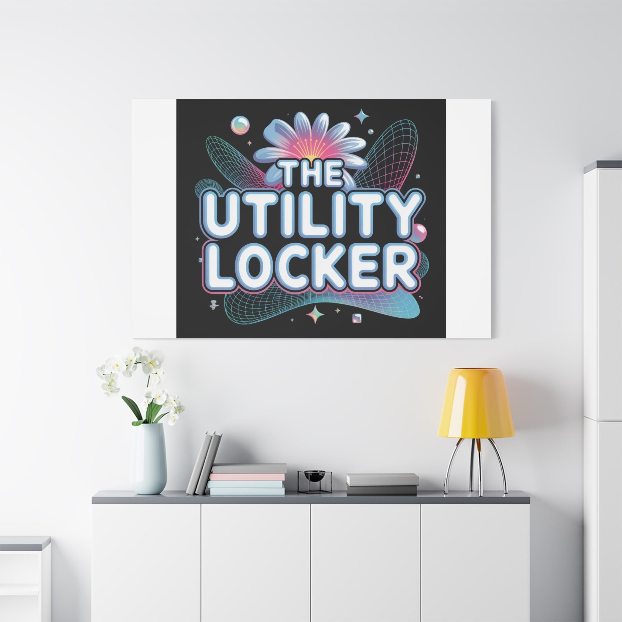 Y2K Cyber Holo 'The Utility Locker' Canvas | Retro Tech Print, Chrome Text